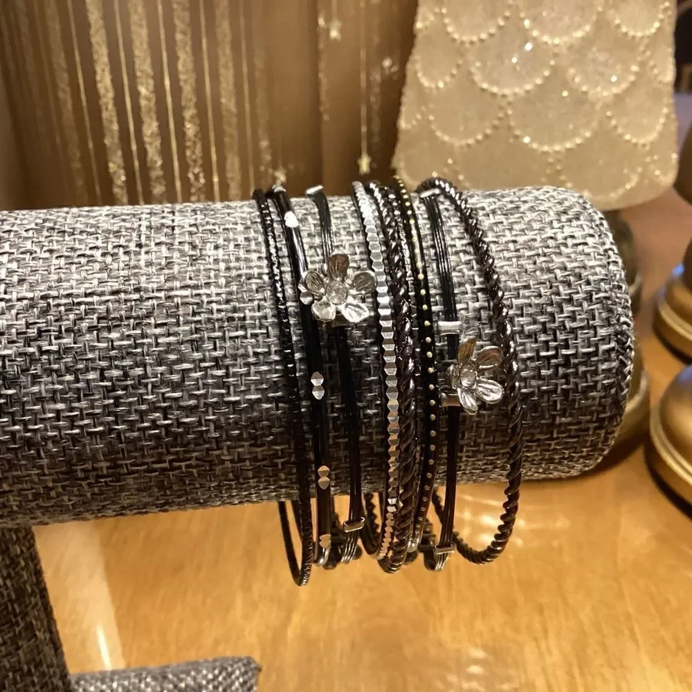 Set of 9 Gunmetal and Black Metal Bangle Bracelets
